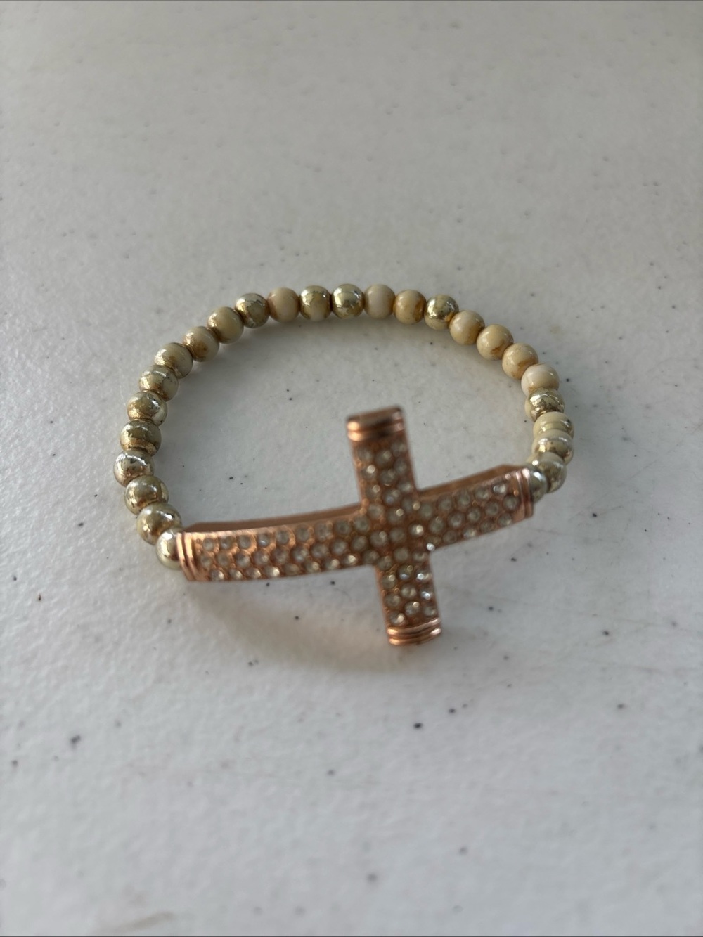 Rose Gold Cross Beaded Stretch Bracelet - Nude & Gold Accent